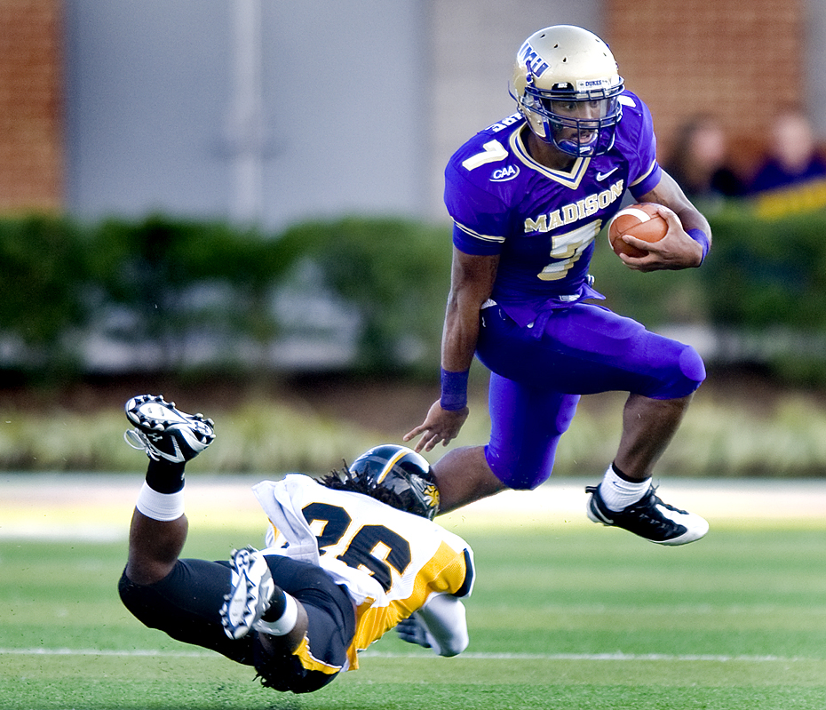 James Madison's Justin Thorpe evades a tackle during second quarter action against Towson during an NCAA college football game at Bridgeforth Stadium in Harrisonburg, Va. on Saturday, Nov. 21, 2009.