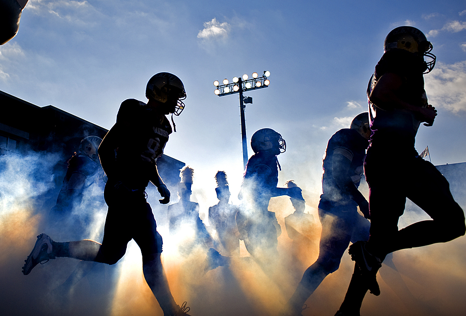 James Madison's football team takes the field for their final home game of the season against Towson at Bridgeforth Stadium in Harrisonburg on Saturday.