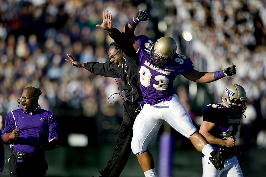 James Madison - Maine Football James Madison defensive tackle Ronnell Brown and defensive line assistant coach Isai Bradshaw celebrate following a bad snap by Maine on fourth down that resulted in JMU scoring a safety during second quarter action at Bridgeforth Stadium in Harrisonburg on Saturday.