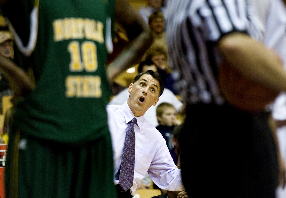 James Madison head coach Matt Brady reacts to a call during second-half action against Norfolk State in Harrisonburg on Wednesday. JMU won the game 72-64.