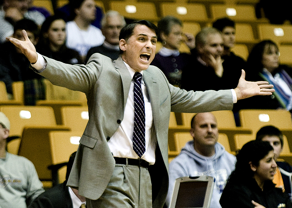 James Madison head coach Matt Brady voices his displeasure at the officiating during JMU's game against Delaware at the JMU Convo on Monday night.